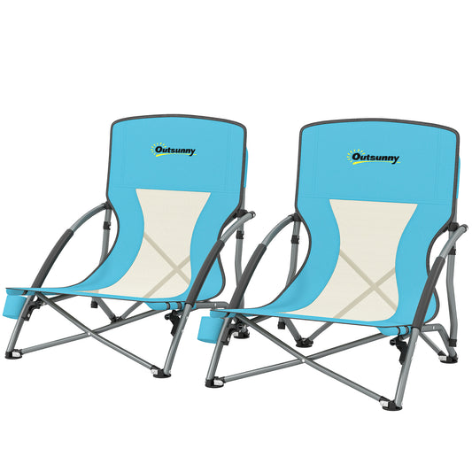 Set of 2 Folding Beach Chairs with Mesh Back, Carry Bag and Cup Holder for Outdoor Camping Lawn, 22.8" x 21.7" x 24.4"