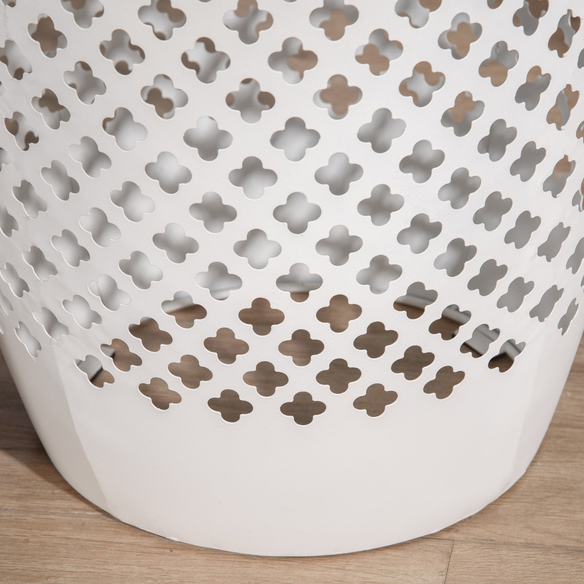 12" Steel Patio End Table, Round Hollow Drum Side Table, Accent Table for Indoor and Outdoor, White