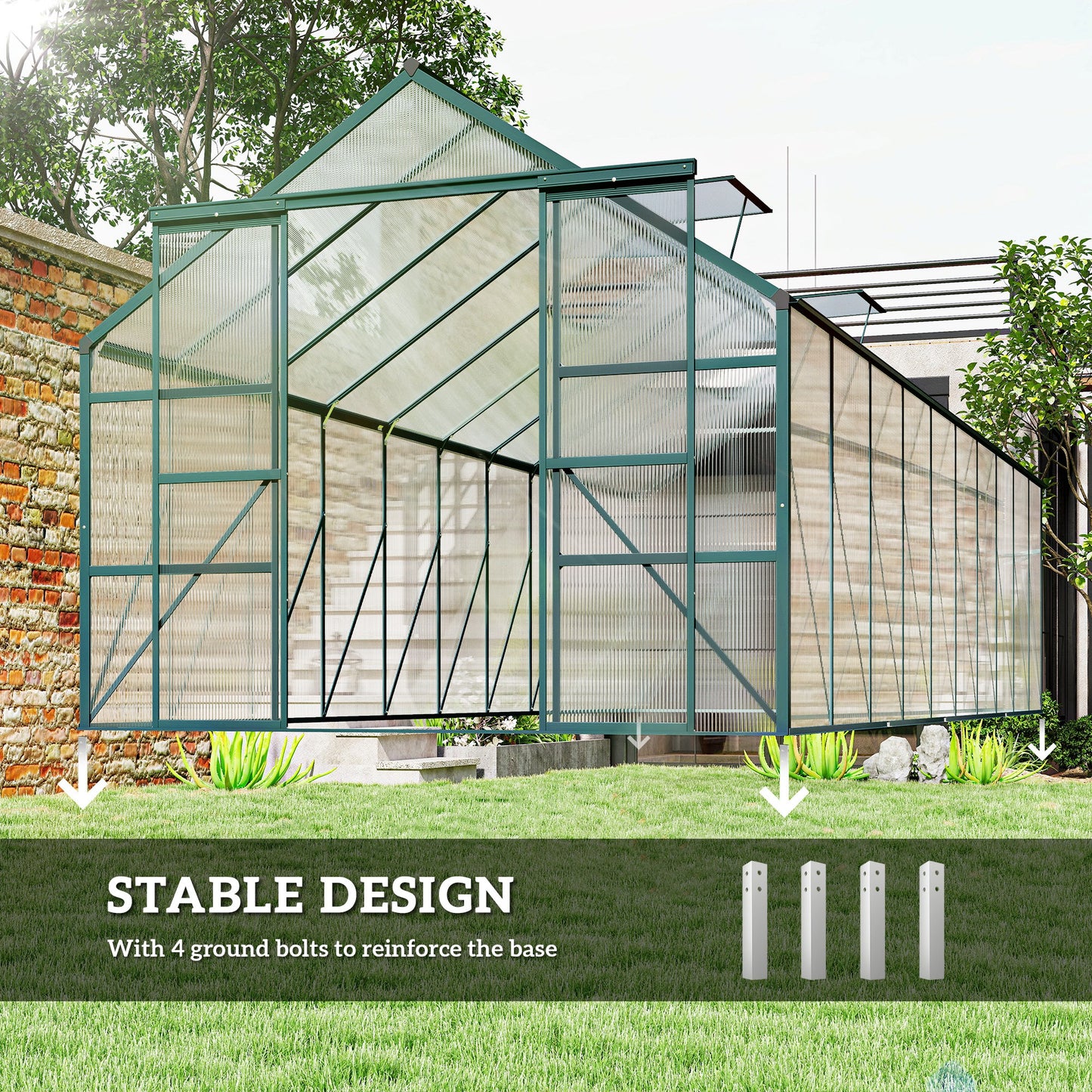 Aluminum Greenhouse Polycarbonate Walk-in Garden Greenhouse with Sliding Door, 20' x 8', Green