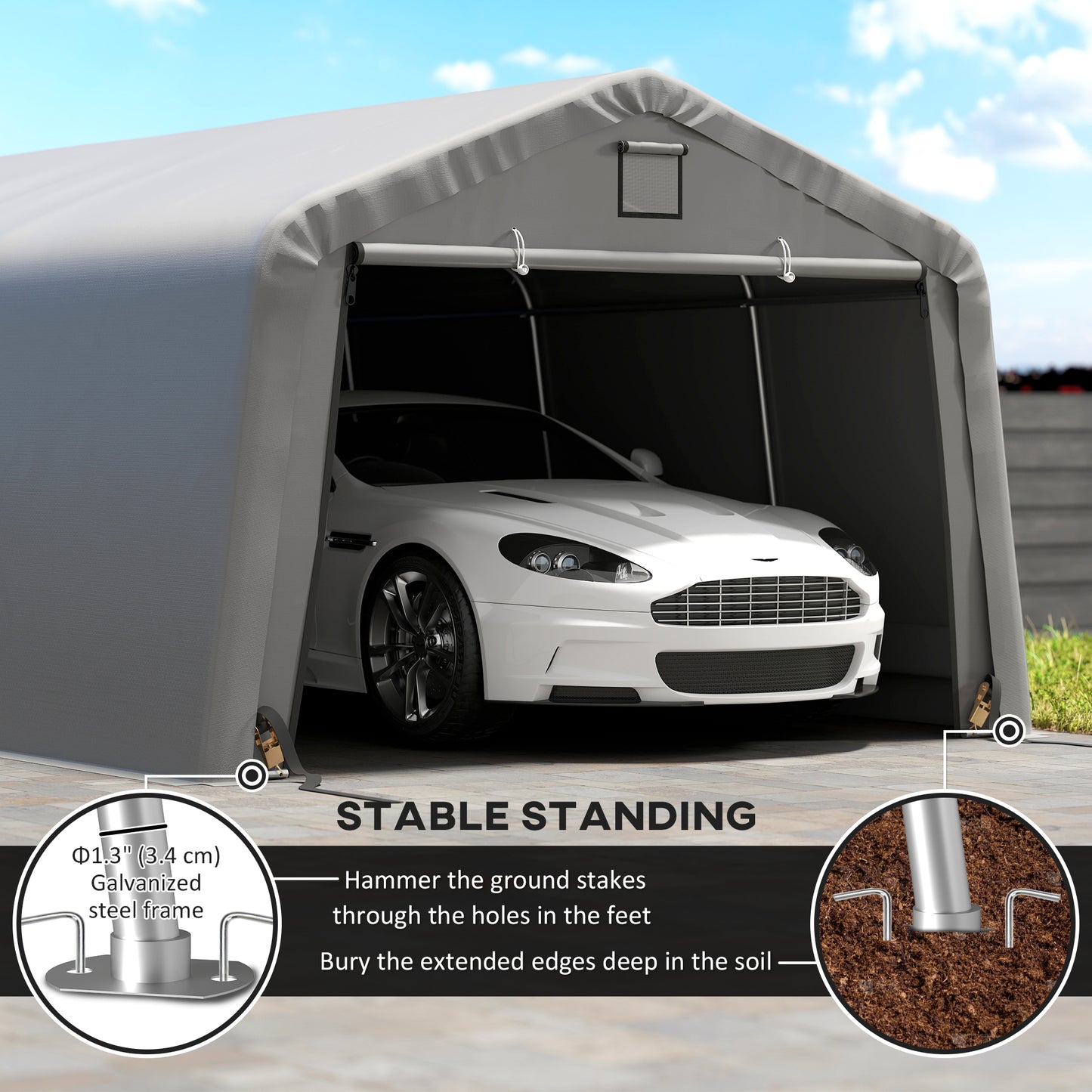 12' x 20' Portable Garage, Heavy Duty Carport Canopy with Ventilation Windows and Large Roll-up Door, Light Grey