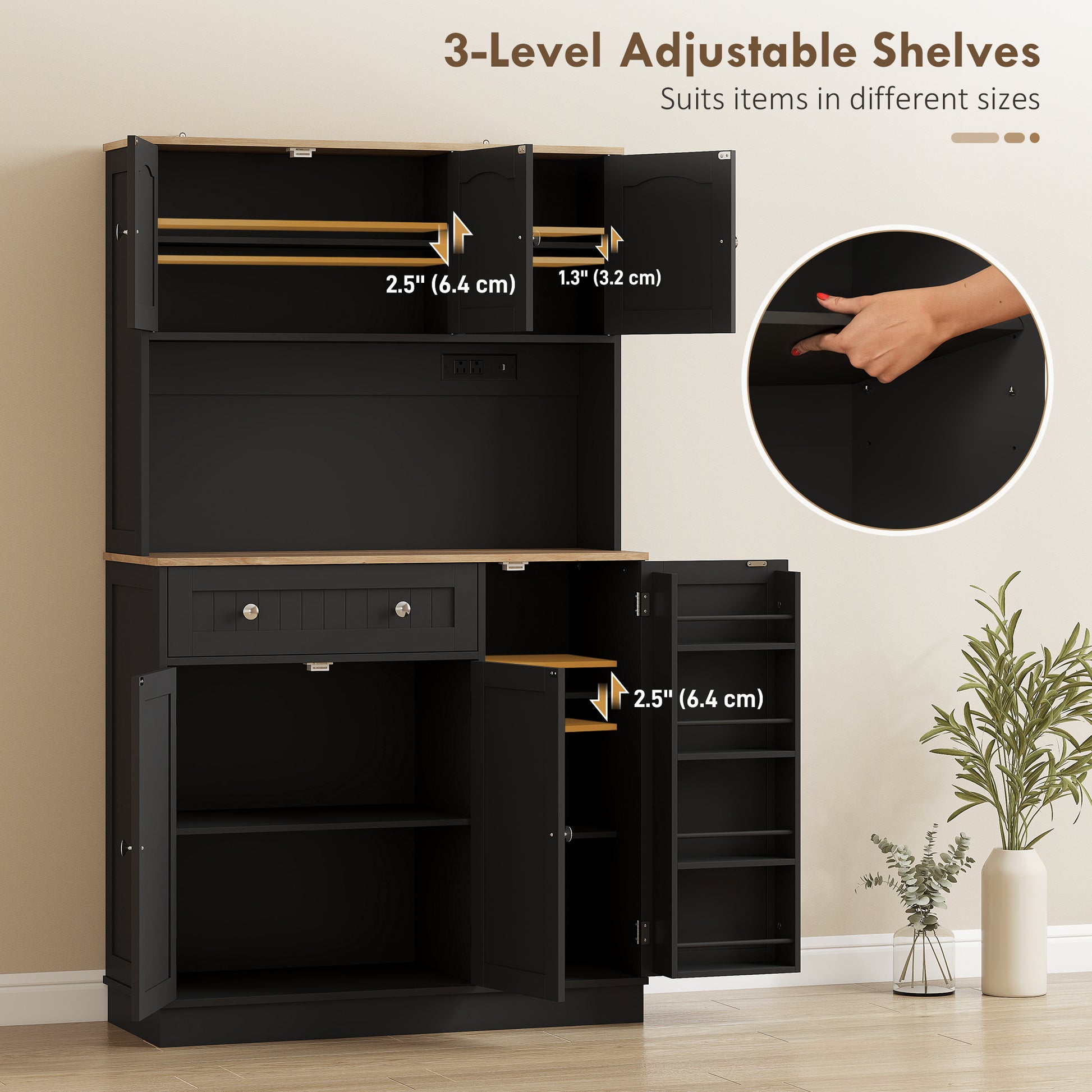 68" Pantry Cabinet with Charging Station, Kitchen Storage Cabinet with Microwave Stand, 4 Door Racks, Black
