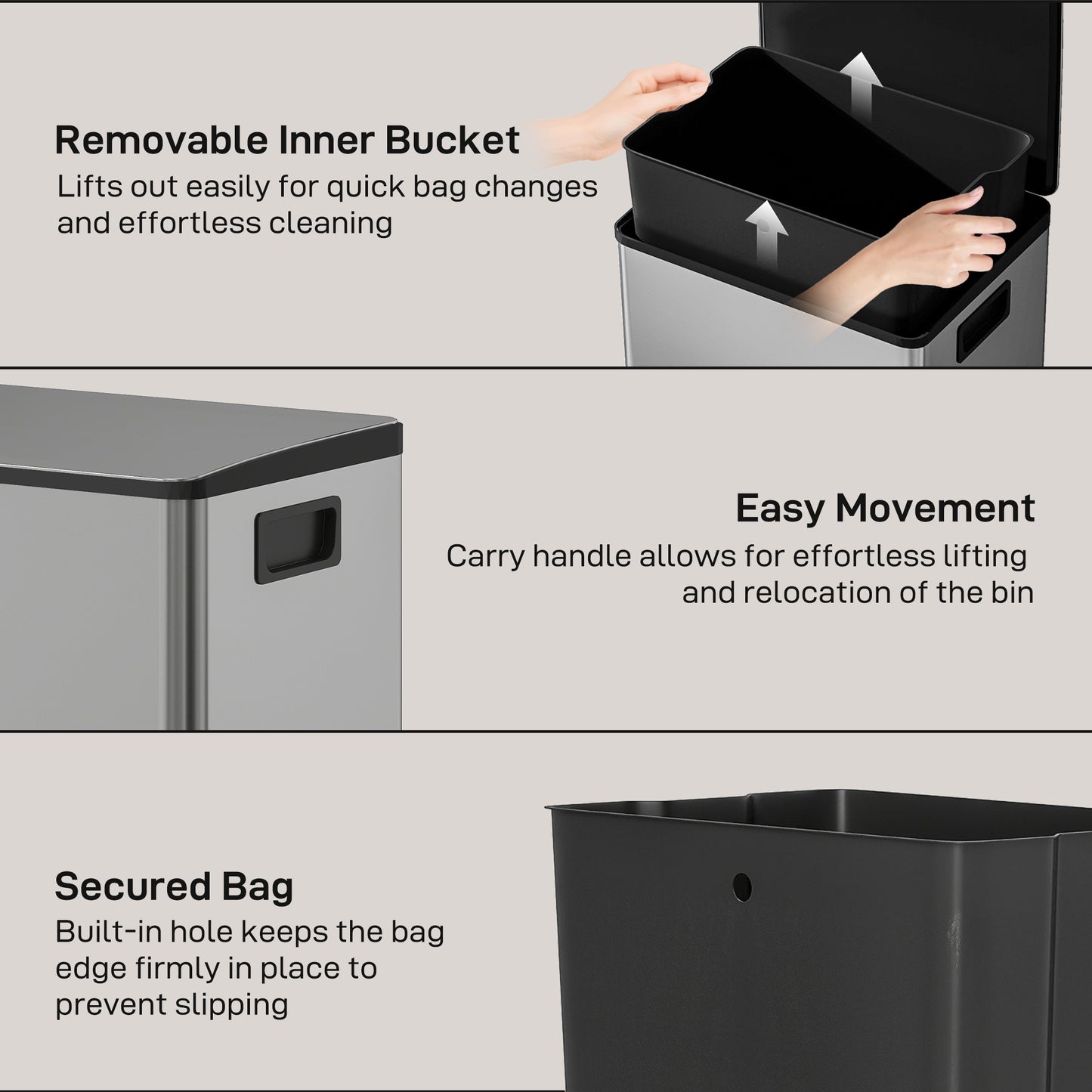 Trash Can with Soft-Close Lid, Garbage Can with Removable Inner Bucket for Kitchen 13.2gal, Silver