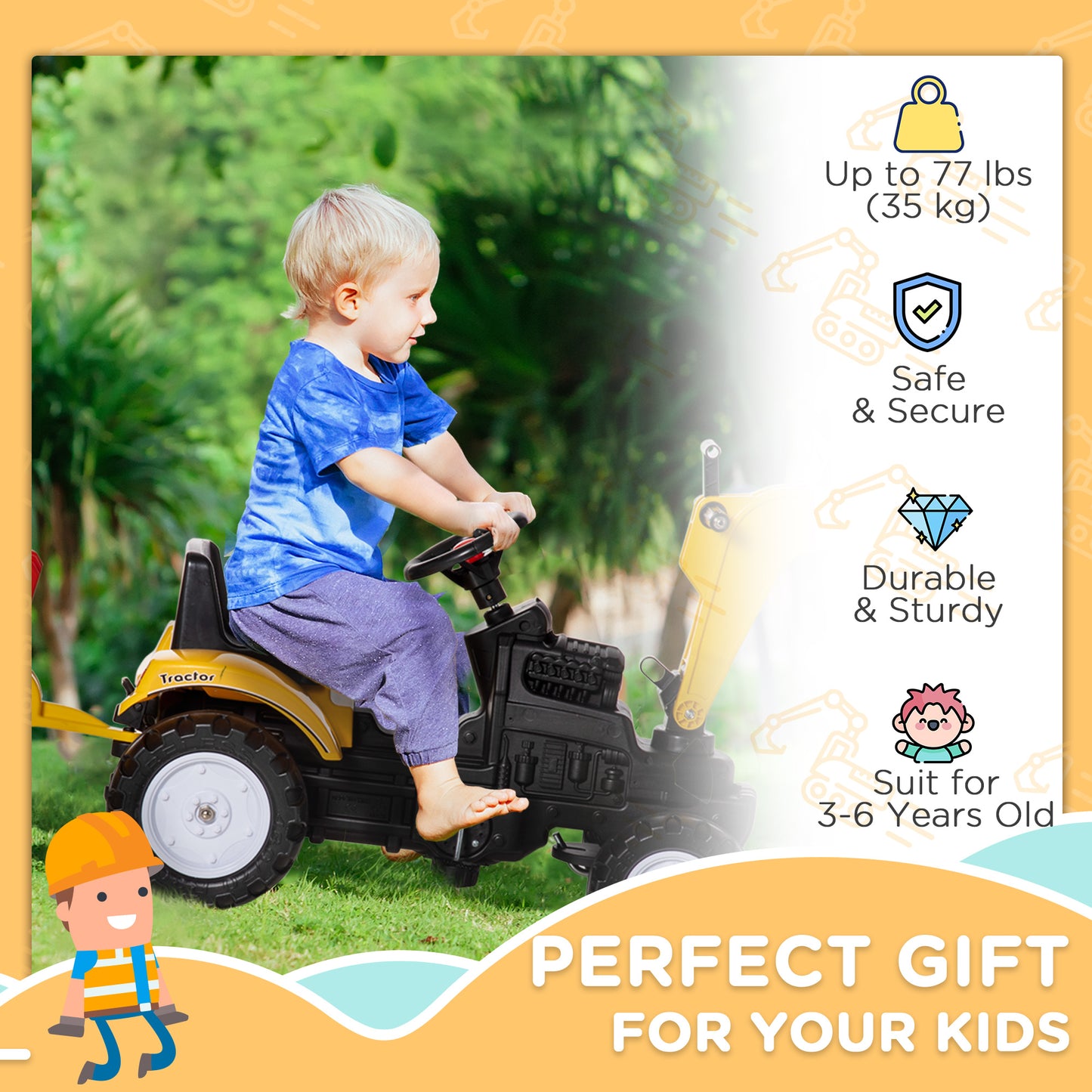 Aosom Ride on Tractor for Kids, Pedal Construction Car with Horn & Detachable Trailer for 3 Year Old, Yellow