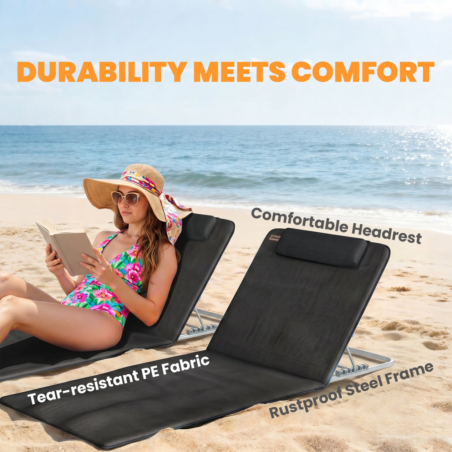 2 Pieces Beach Lounge Chair, Outdoor Folding Chaise Lounge Set w/ Pillow for Sunbath, Snap, Black