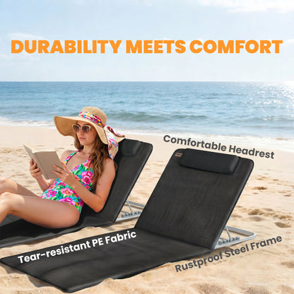 2 Pieces Beach Lounge Chair, Outdoor Folding Chaise Lounge Set w/ Pillow for Sunbath, Snap, Black