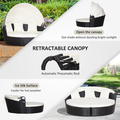 4 Pieces Outdoor Daybed with Retractable Canopy, PE Rattan Wicker Round Sofa Day Bed, Patio Sectional Conversation Furniture Set with Cushions and Pillows, Cream White