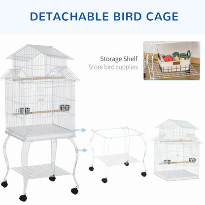 53.9'' Large Rolling Steel Bird Cage Bird House with Detachable Rolling Stand, Storage Shelf, Wood Perch, Food Container, White