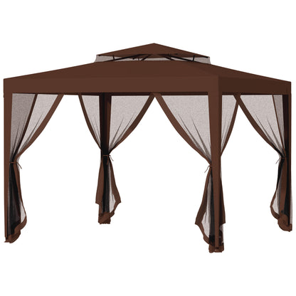 10' x 10' Outdoor Canopy Tent Party Tent with Mesh Netting and Double Tier Roof for Backyard, Garden, Patio, Brown
