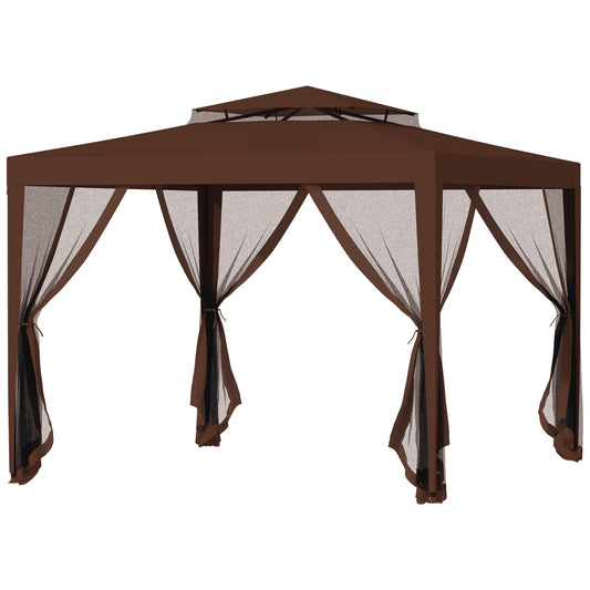 10' x 10' Outdoor Canopy Tent Party Tent with Mesh Netting and Double Tier Roof for Backyard, Garden, Patio, Brown