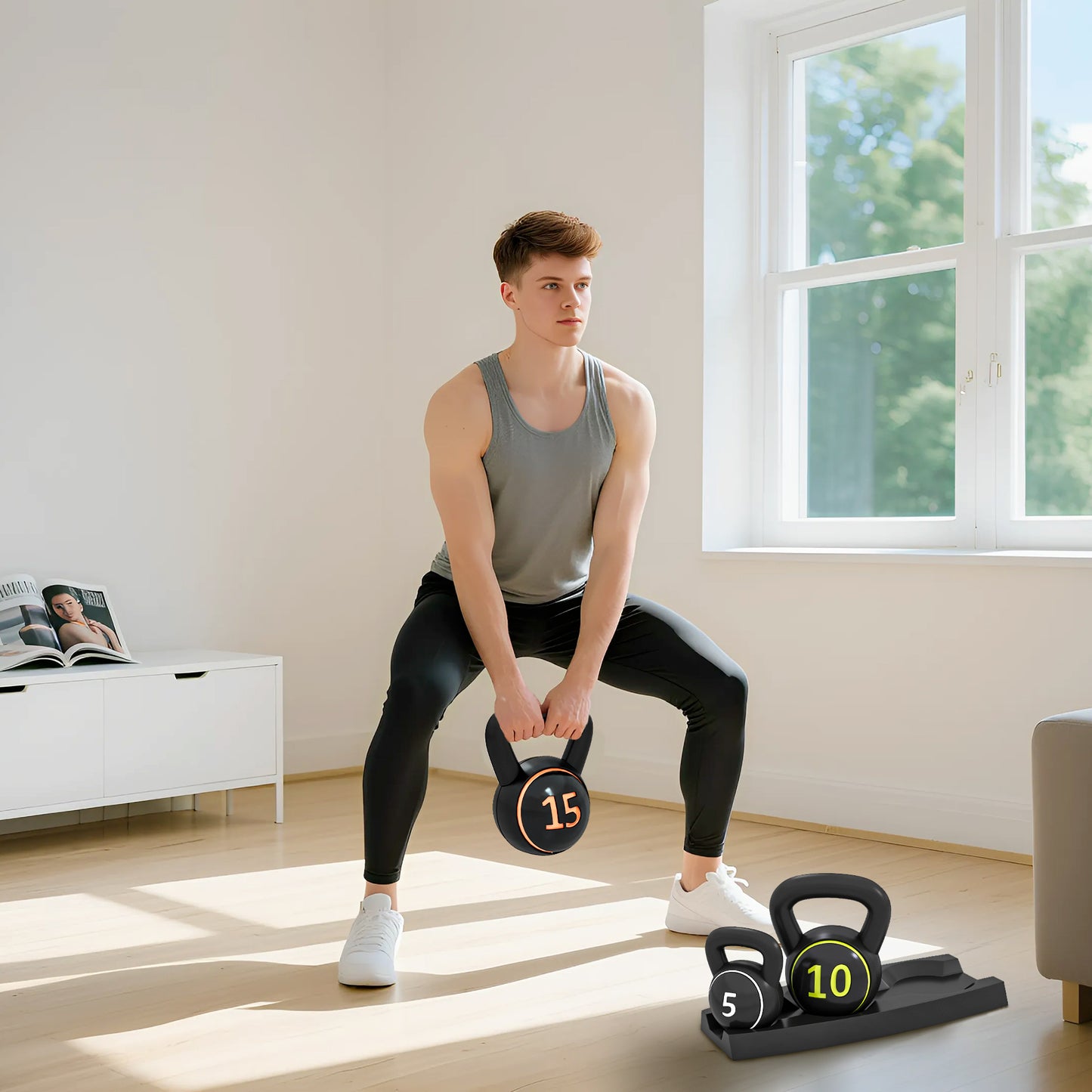 Soozier Three-Piece Kettlebell Set Weights with Storage Stand for Home Gym Weight Lifting Training, 5lbs, 10lbs, 15lbs (2.2kg, 4.5kg, 6.8kg)
