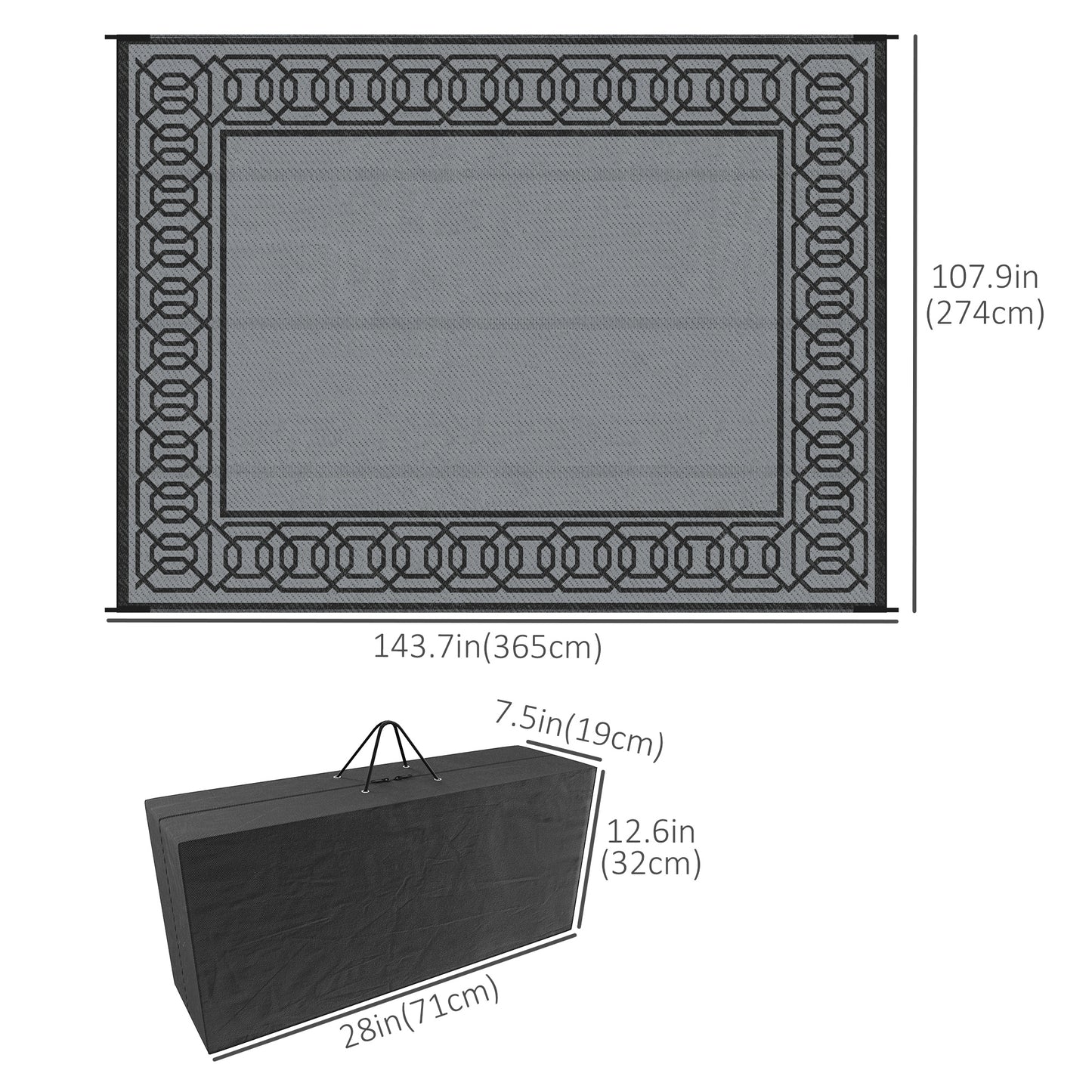 Portable Outdoor Rug with Carrying Bag, 9' x 12' Reversible Mat, Waterproof Plastic Straw RV Rug for Backyard, Deck, Picnic, Beach, Camping, Black and Grey
