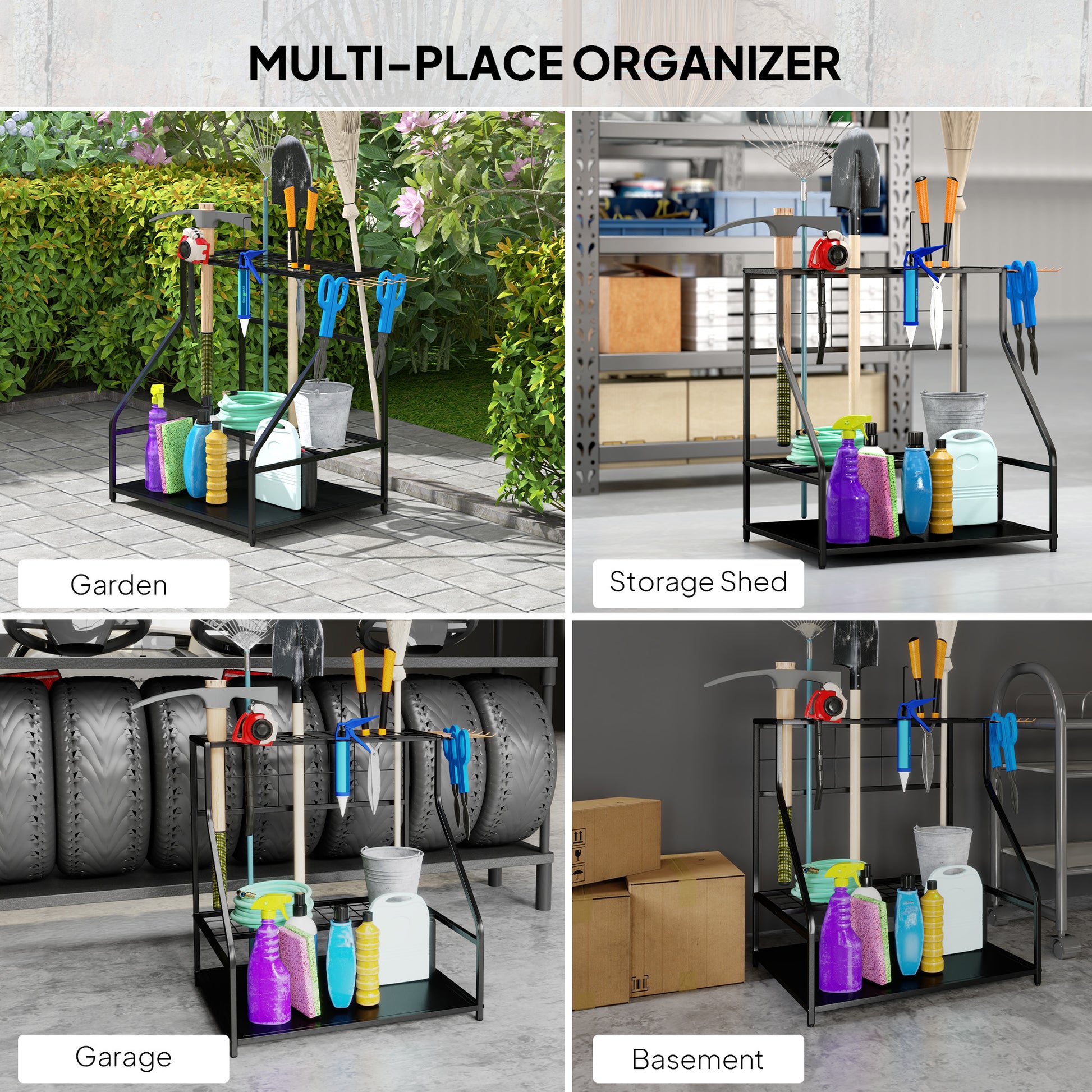 3-Tier Yard Tool Tower Rack, Garden Tool Organizer with Hooks for Long-Handled Rakes, Shovel, Broom, Orange