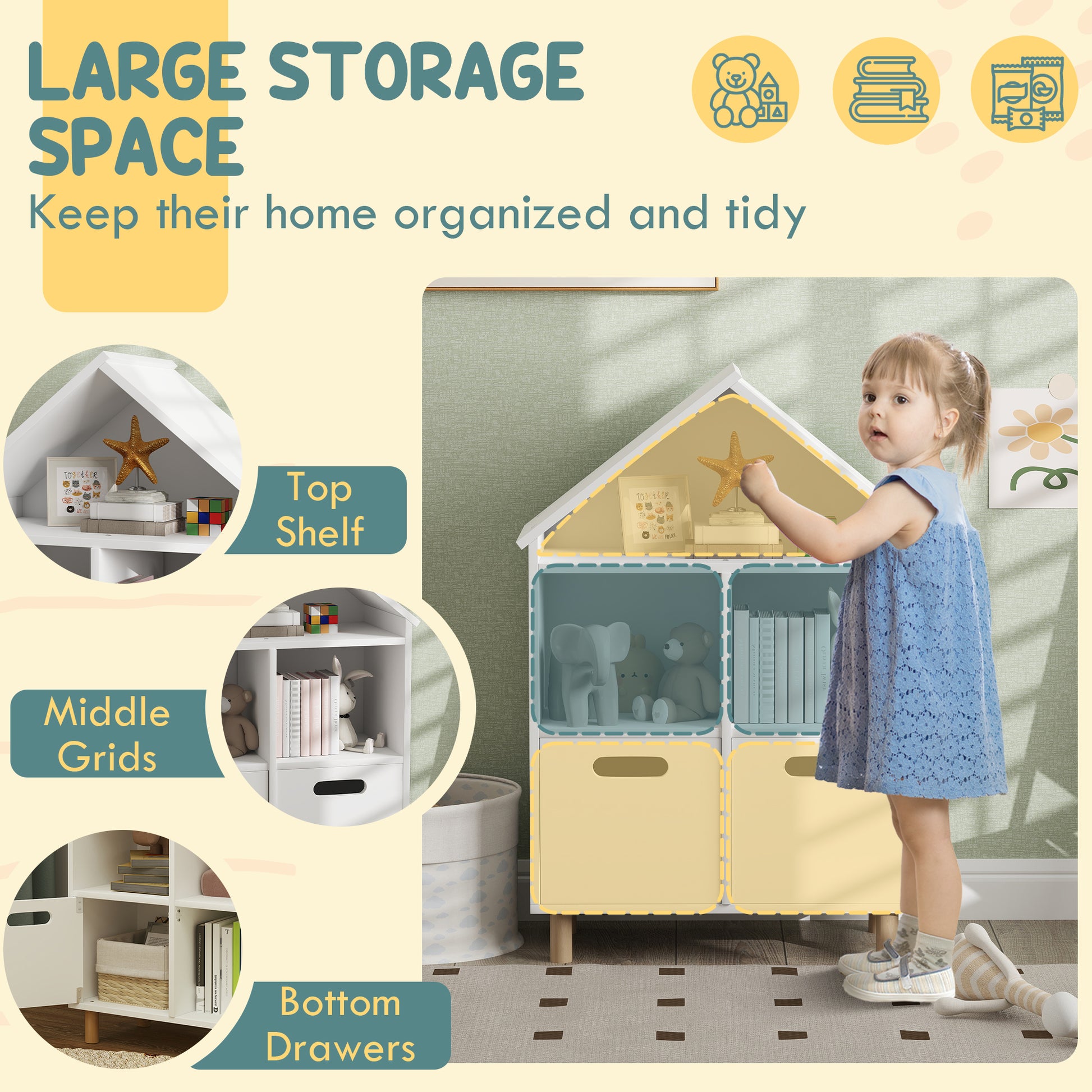 Qaba 3 Tier Kids Bookshelf with Two Drawers, for Bedroom, Kids Room, White