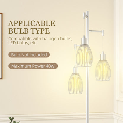 Industrial Floor Lamp with 3 Hanging Wire Lampshades, Dimmable Standing Lamp for Living Room, Silver