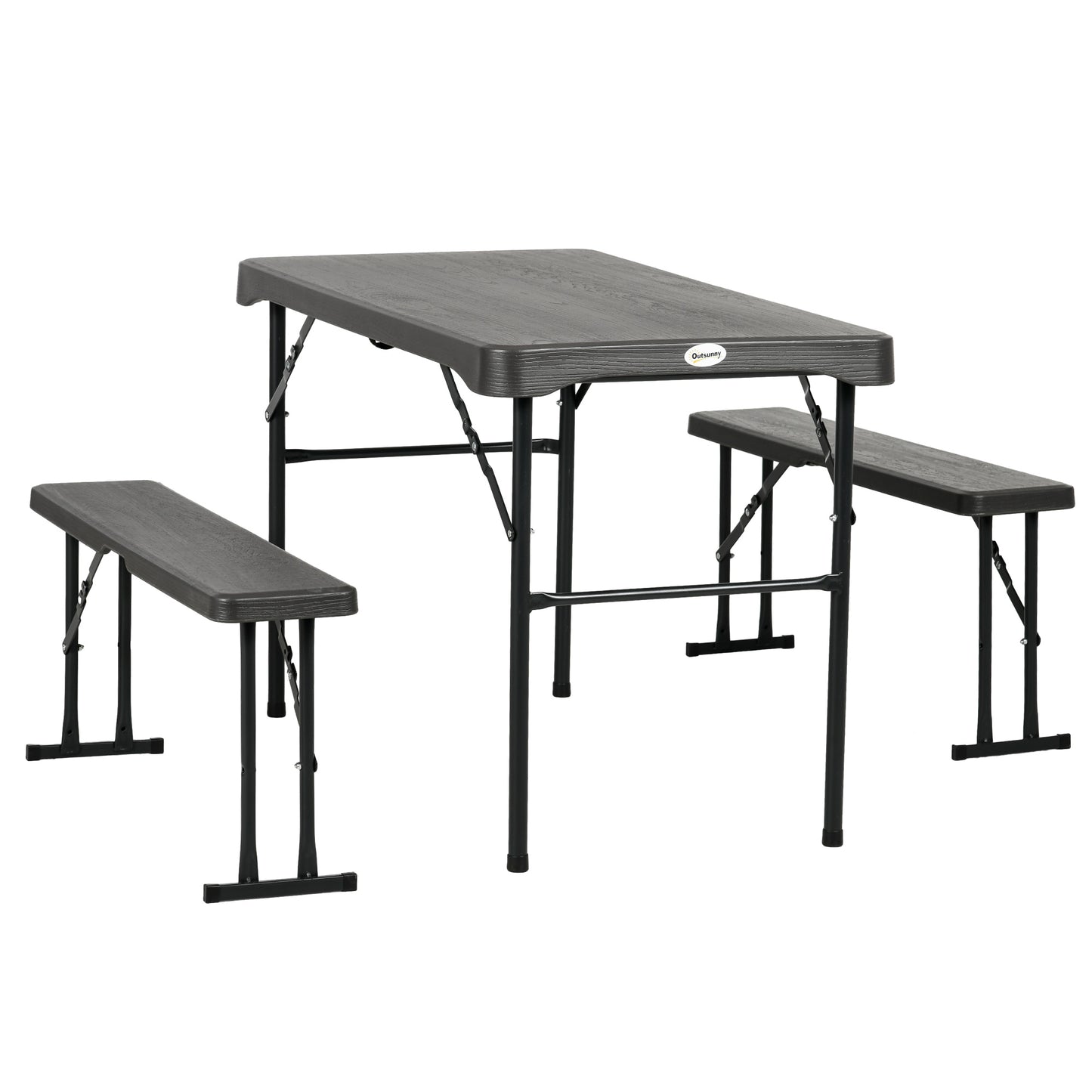 Folding Picnic Table with 2 Benches, 3-Piece Portable Outdoor Picnic Table Bench Set for 4, Patio Dining Table Set with Plastic Top, Steel Frame for Garden, Dark Grey