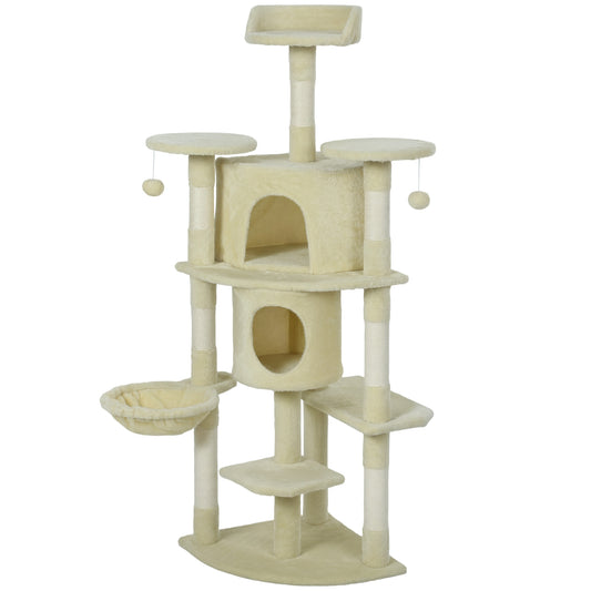 62" Cat Tree with Scratching Post, 2 Condos, Hammock, Perches, Plush, Pompoms, for Indoor Cats, Beige