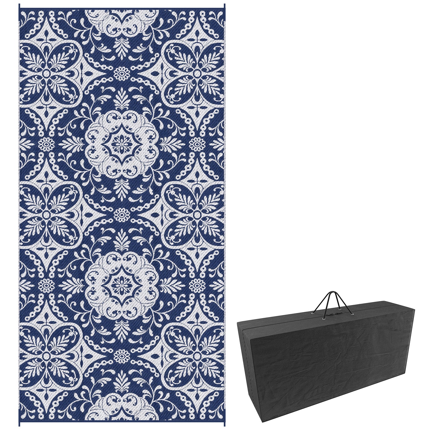 Portable Outdoor Rug with Carry Bag, 9' x 18' Reversible Mat, Waterproof Plastic Straw RV Rug for Backyard, Deck, Picnic, Beach, Camping, Blue & White Flower