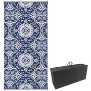 Portable Outdoor Rug with Carry Bag, 9' x 18' Reversible Mat, Waterproof Plastic Straw RV Rug for Backyard, Deck, Picnic, Beach, Camping, Blue & White Flower
