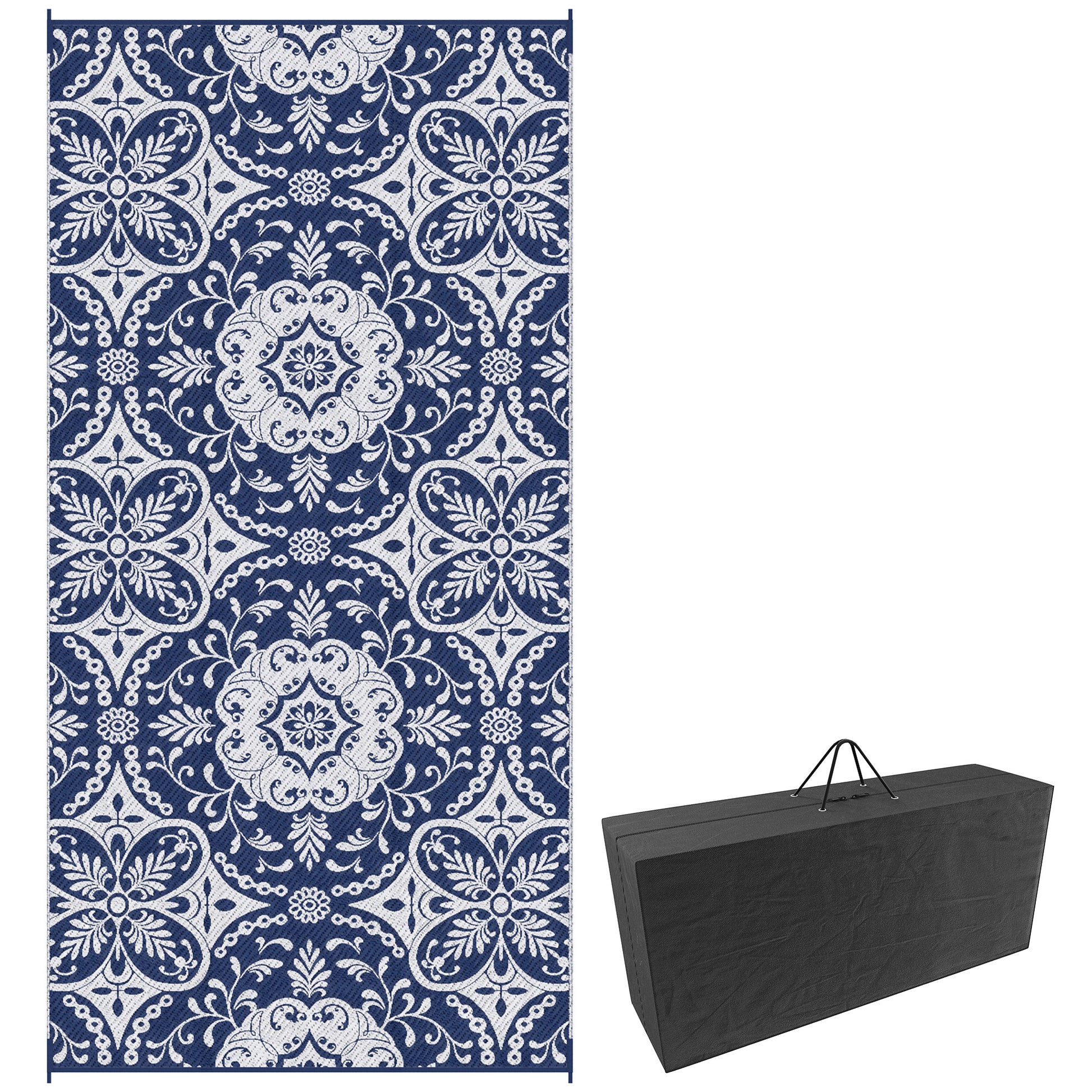 Portable Outdoor Rug with Carry Bag, 9' x 18' Reversible Mat, Waterproof Plastic Straw RV Rug for Backyard, Deck, Picnic, Beach, Camping, Blue & White Flower
