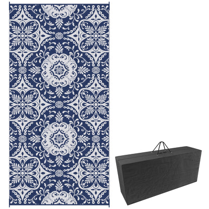 Portable Outdoor Rug with Carry Bag, 9' x 18' Reversible Mat, Waterproof Plastic Straw RV Rug for Backyard, Deck, Picnic, Beach, Camping, Blue & White Flower