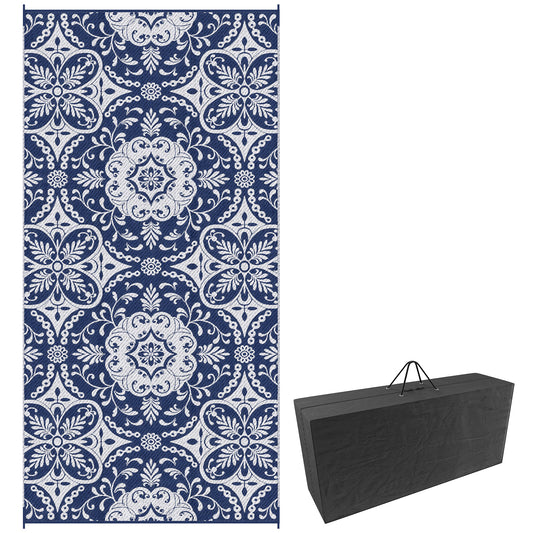 Portable Outdoor Rug with Carry Bag, 9' x 18' Reversible Mat, Waterproof Plastic Straw RV Rug for Backyard, Deck, Picnic, Beach, Camping, Blue & White Flower