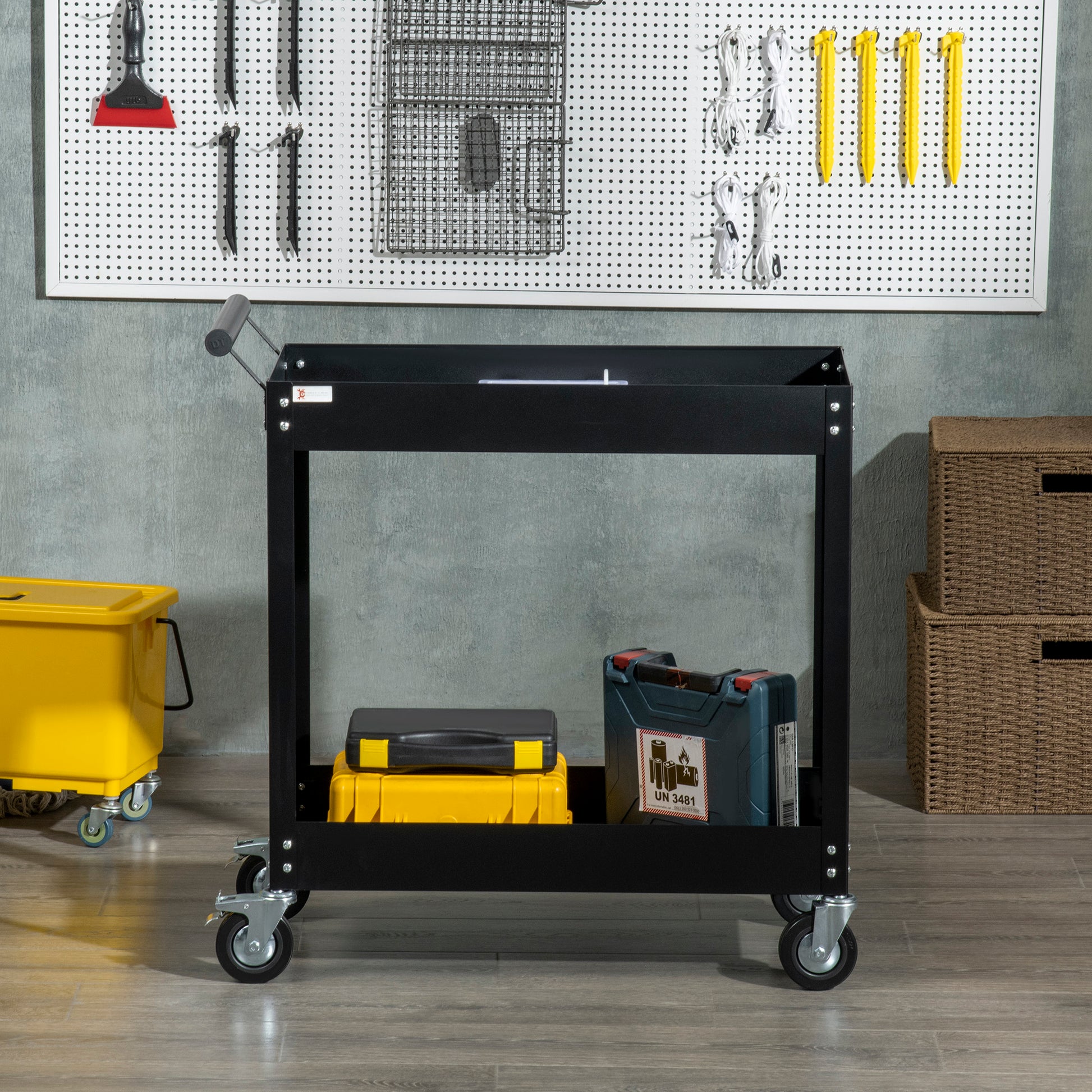 Rolling Tool Cart, 2 Tier Mobile Service Utility Cart with Wheels, Black
