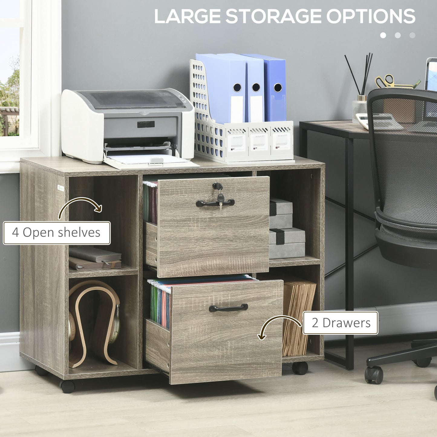Lateral Filing Cabinet with Wheels and Lockable Drawer, File Cabinet, Mobile Printer Stand with Open Shelves for Letter and A4 Size Documents for Home Office, Grey