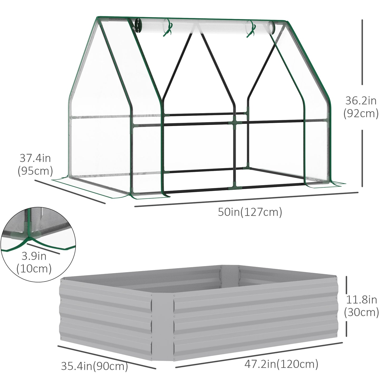 Steel Outdoor Raised Garden Bed with Greenhouse,Cover, Roll Up Door, Dual Use, 50"x37.4"x36.2", Clear