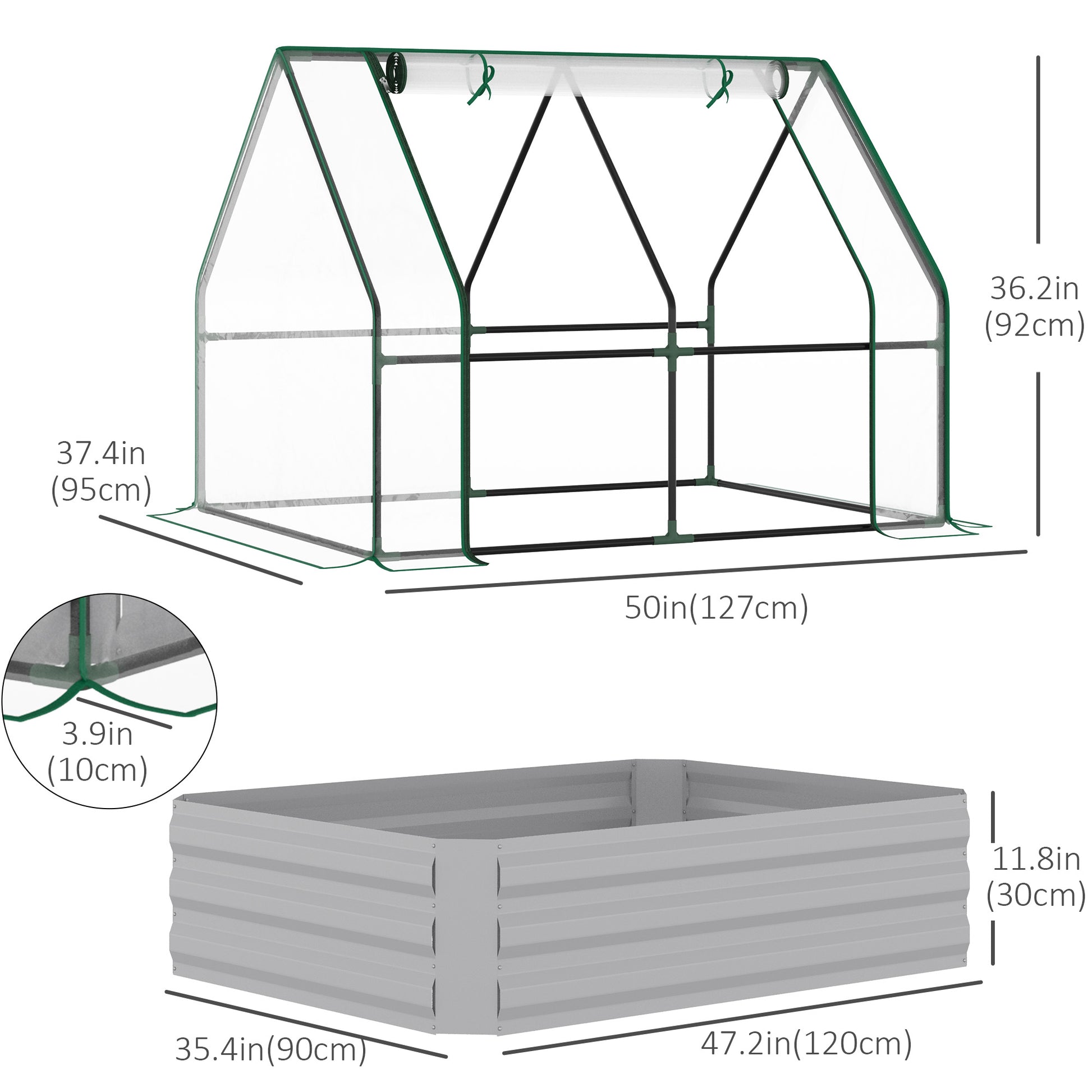 Steel Outdoor Raised Garden Bed with Greenhouse,Cover, Roll Up Door, Dual Use, 50"x37.4"x36.2", Clear