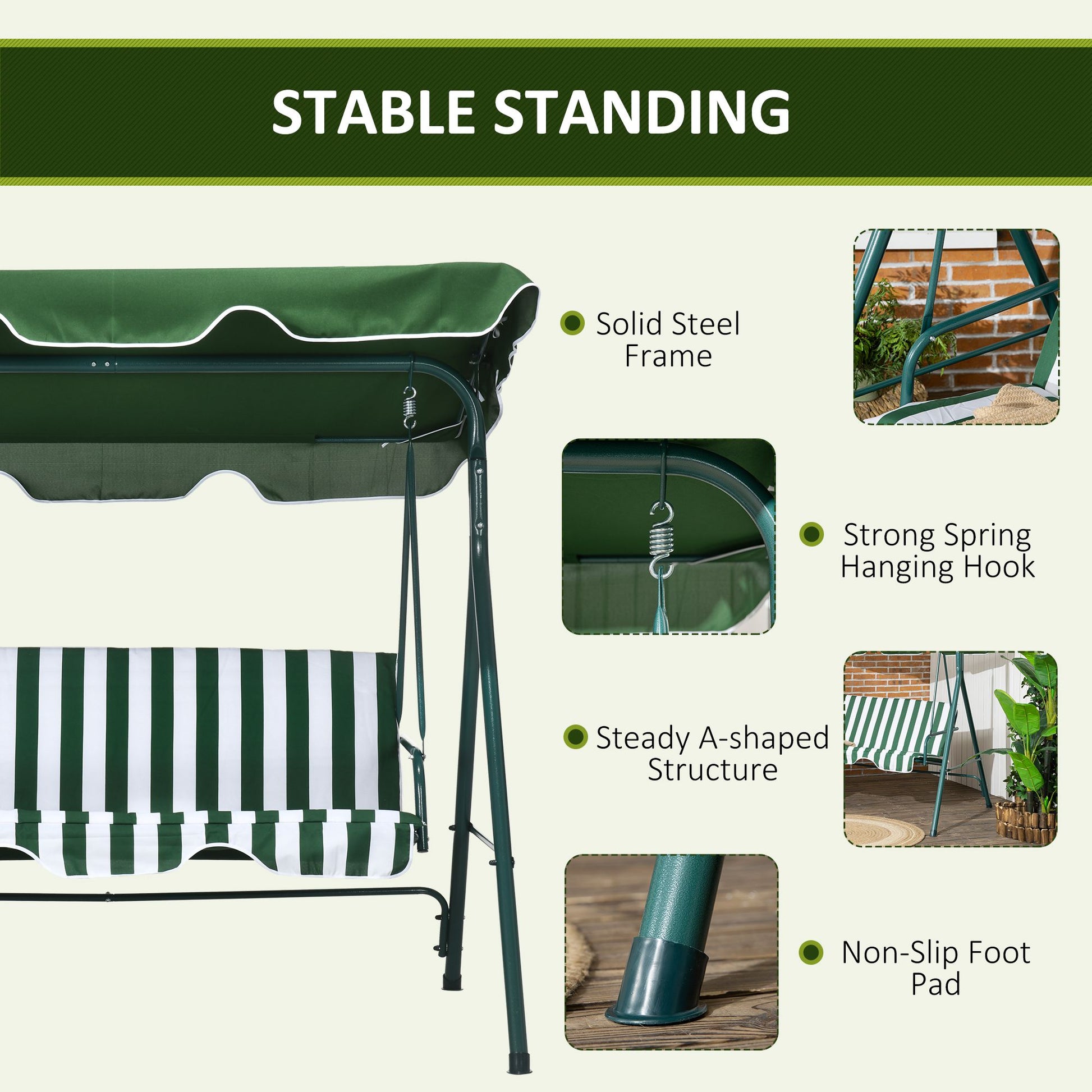 3-Seater Outdoor Porch Swing with Adjustable Canopy, Patio Swing Chair for Garden, Poolside, Backyard, Green and White