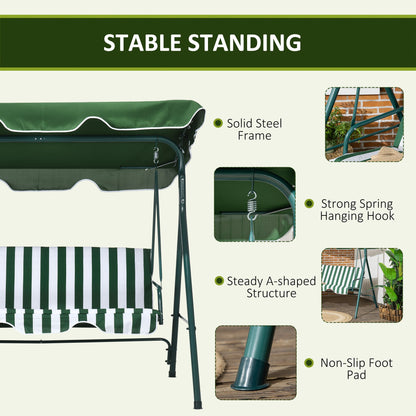 3-Seater Outdoor Porch Swing with Adjustable Canopy, Patio Swing Chair for Garden, Poolside, Backyard, Green and White