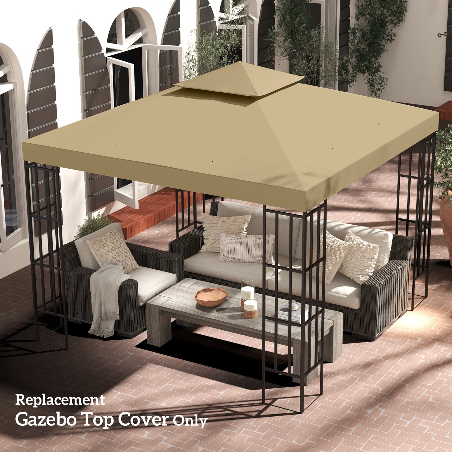 10' x 10' 2-Tier Canopy Replacement Cover Outdoor Garden Gazebo Top Cover, Beige