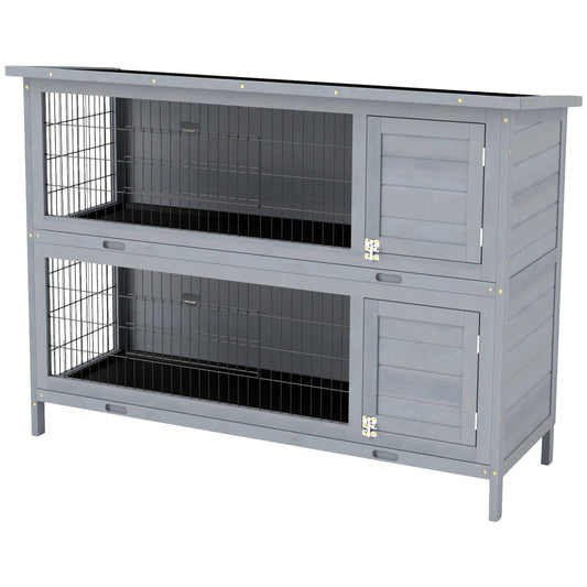 2 Tier Wooden Rabbit Hutch Bunny Pet House Wooden Coop Run, Grey