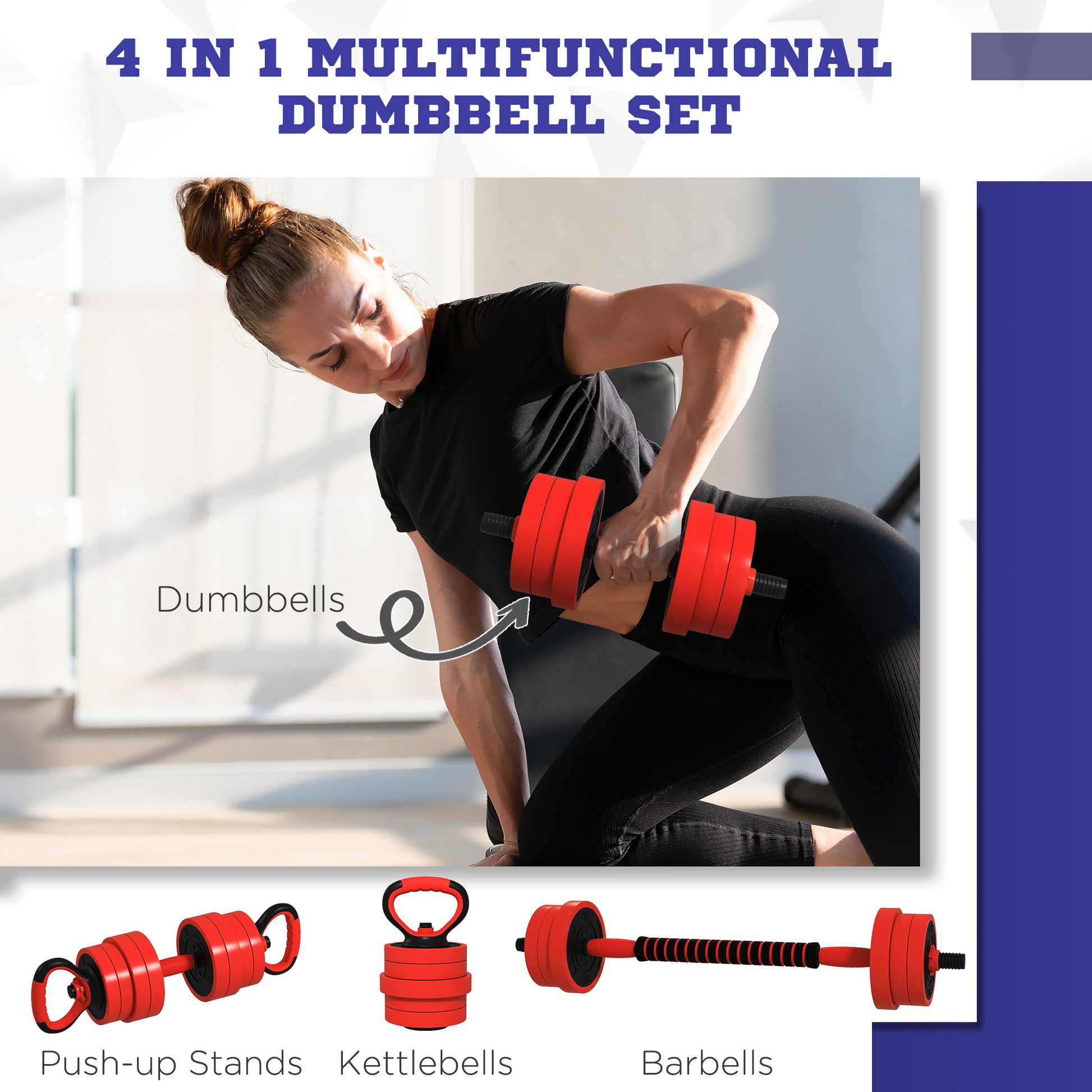 Soozier 66lbs 4-in-1 Adjustable Weight Dumbbell Set, Barbell, Kettlebell, Push Up Stand, Red
