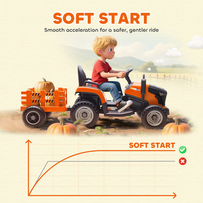 Qaba 12V Kids Ride On Tractor with Trailor, Remote Control, Music, Lights, Shifter, for Kids Ages 3-8 Years, Orange