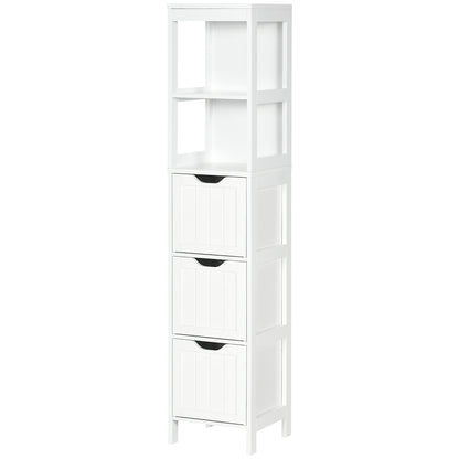 Narrow Bathroom Cabinet with 3 Drawers and 2 Tier Shelf, Tall Cupboard Freestanding Linen Tower, White