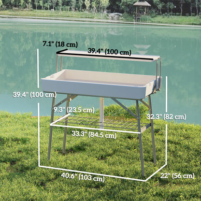 3.5ft Folding Ice Cooler Table with Drain, 2-Tier Outdoor Patio Party Cooler, Fishing Cleaning Table with Storage Shelf for Picnic BBQ Camping Wedding, White