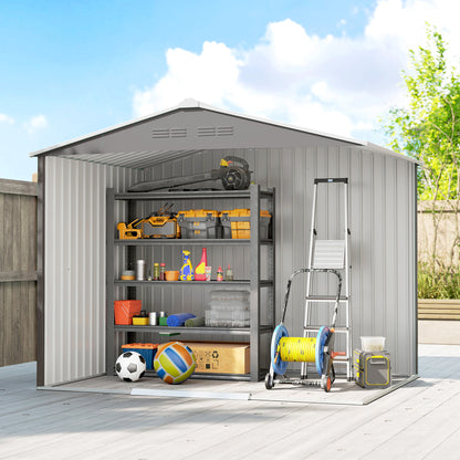 8' x 6' Outdoor Storage Shed, Metal Garden Tool Storage House with Lockable Sliding Doors and Vents, Light Grey