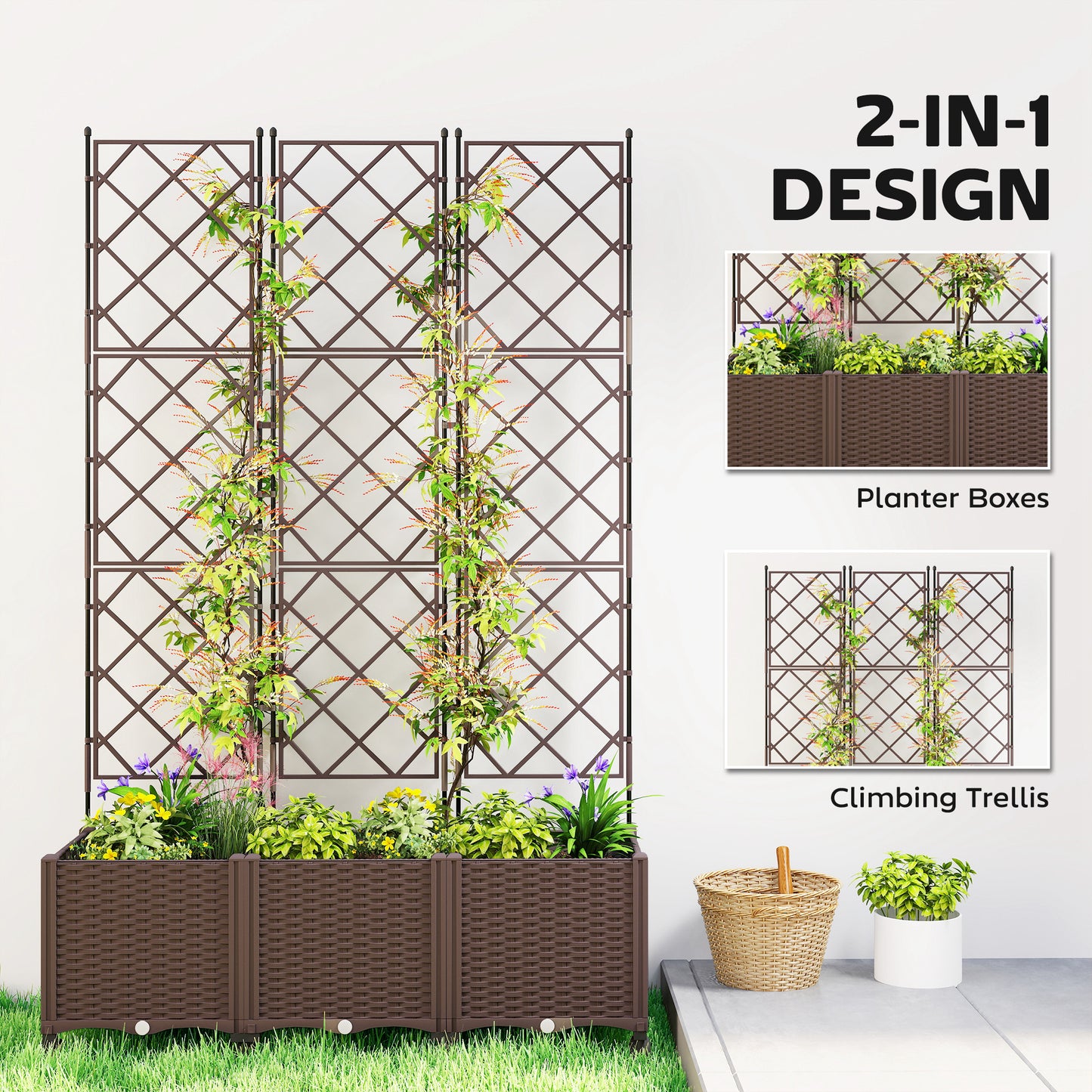 Plastic Raised Garden Bed with Trellis, Self Watering Planter Box with Wheels, Drainage Holes and Plugs