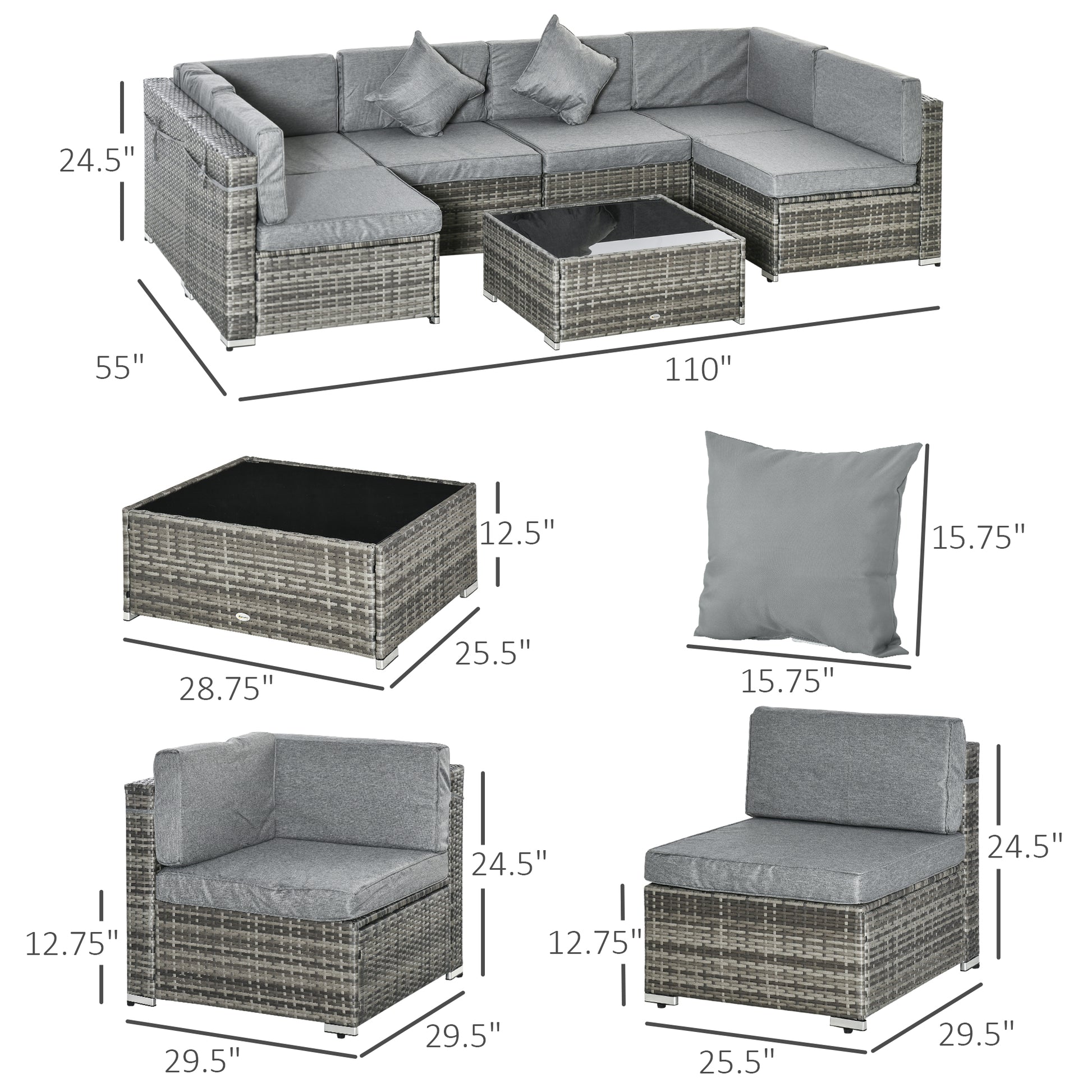 7pc Garden Wicker Sectional Set with Tea Table Patio Rattan Lounge Sofa Outdoor Deck Furniture Light Grey