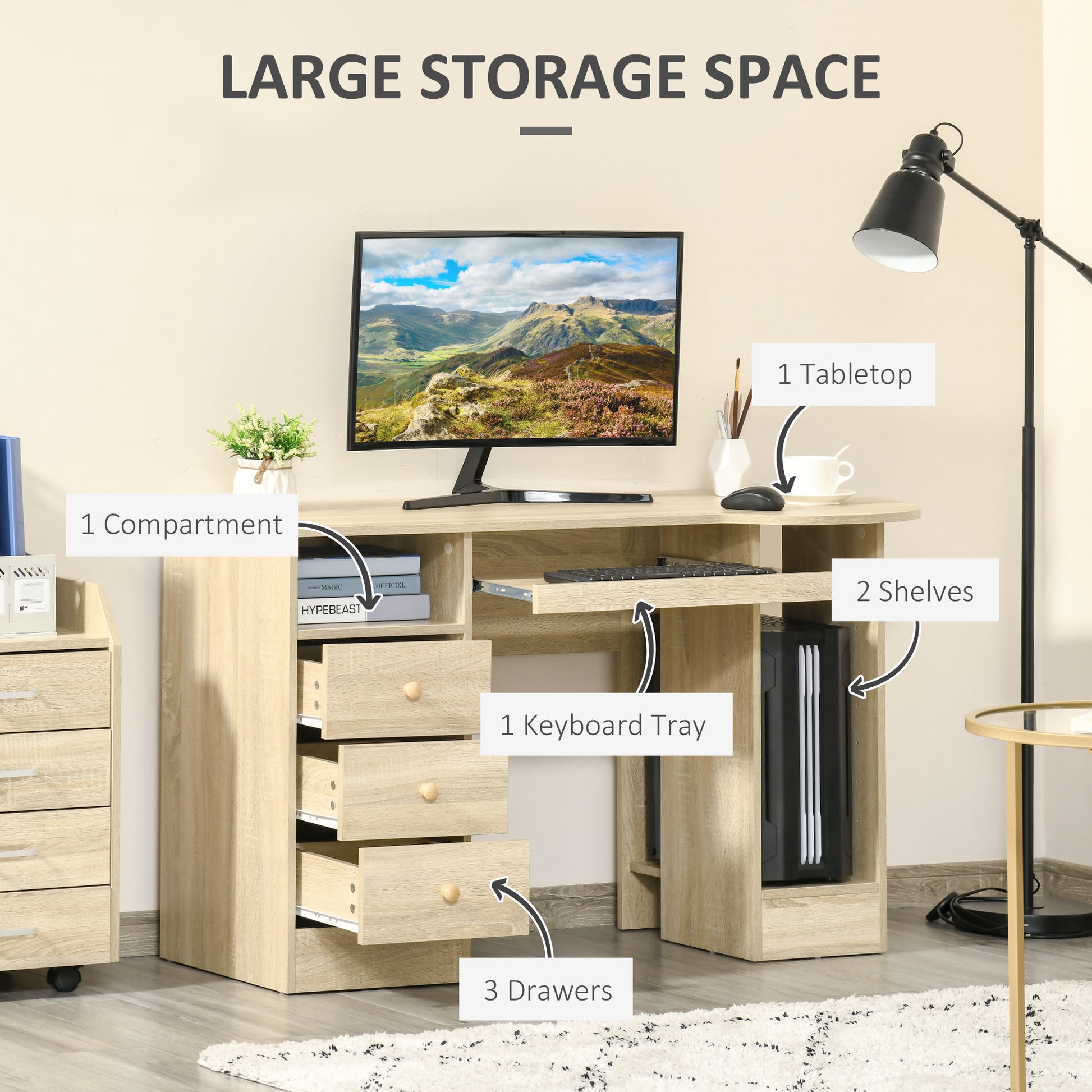 Computer Desk with Storage, Home Office Laptop Table with Shelves and Drawers, Modern Workstation Desk with Keyboard Tray
