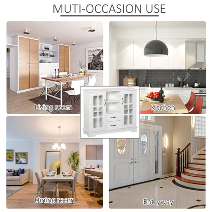 Modern Kitchen Sideboard with 2 Drawers, Coffee Bar Cabinet with Glass Doors Storage Cupboard and Open Shelf, White