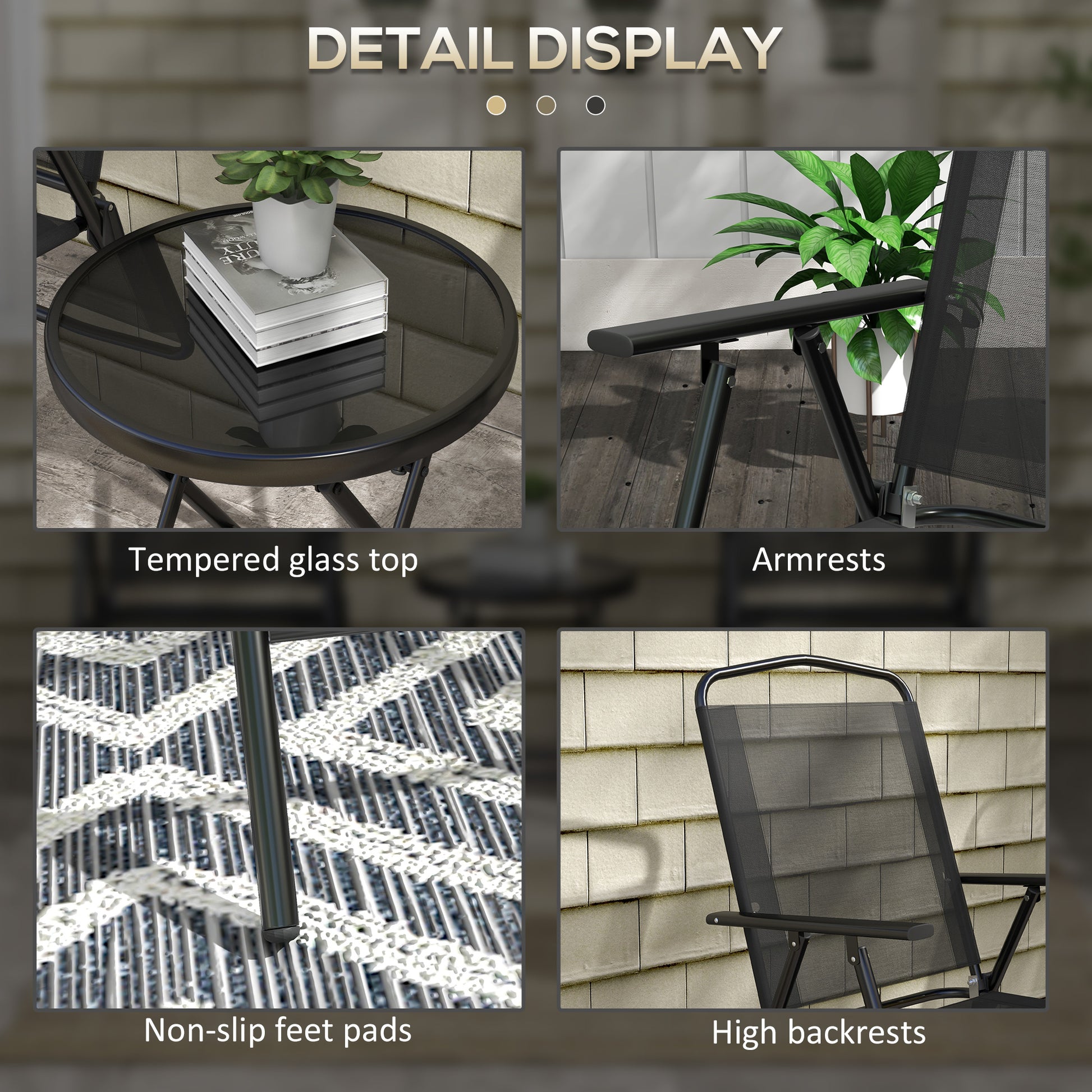3 Pieces Bistro Set, Foldable Patio Furniture Set with Mesh Chairs, Glass Table for Garden, Balcony, Black