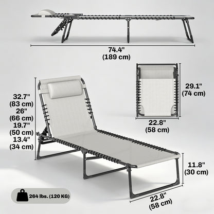 2 PCs Folding Lounge Chairs, Adjustable Chaise Lounges with Headrest for Camping, Hiking, Cream White