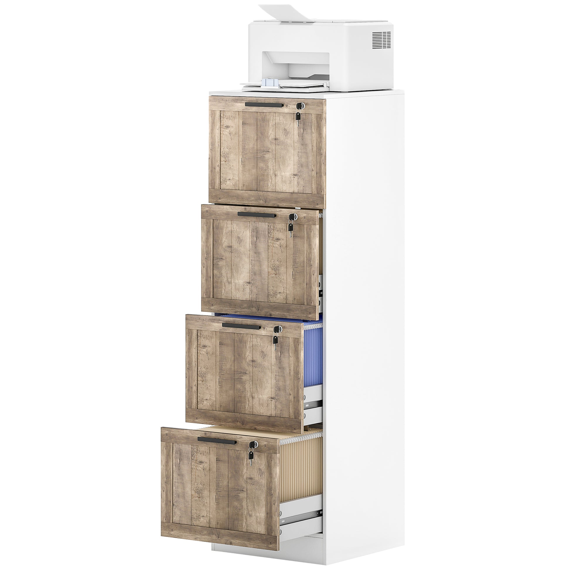4 Drawer Filing Cabinet, Farmhouse File Cabinet with Lock, Adjustable Hanging Rails for A4 Letter Size Files, White