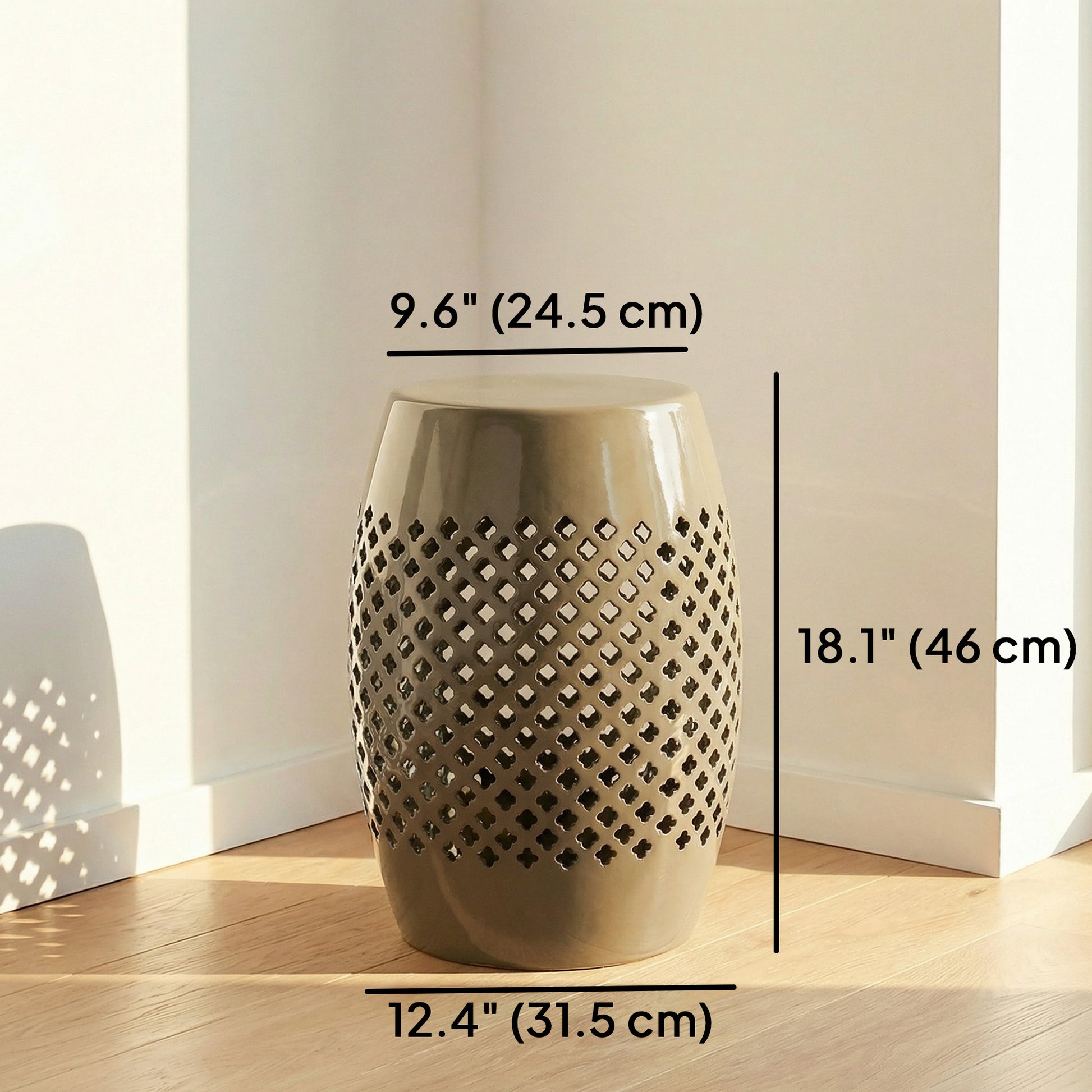 12.4" Steel Patio End Table, Round Hollow Drum Side Table, Accent Table for Indoor and Outdoor, Khaki