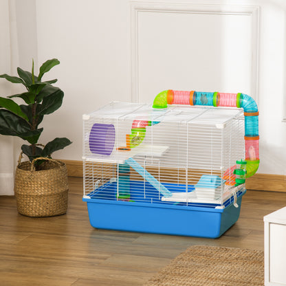 3-Tier Large Toy-Filled Steel Small Animal Cage, Includes Exercise Wheel, Water Bottle, Food Dish, Blue