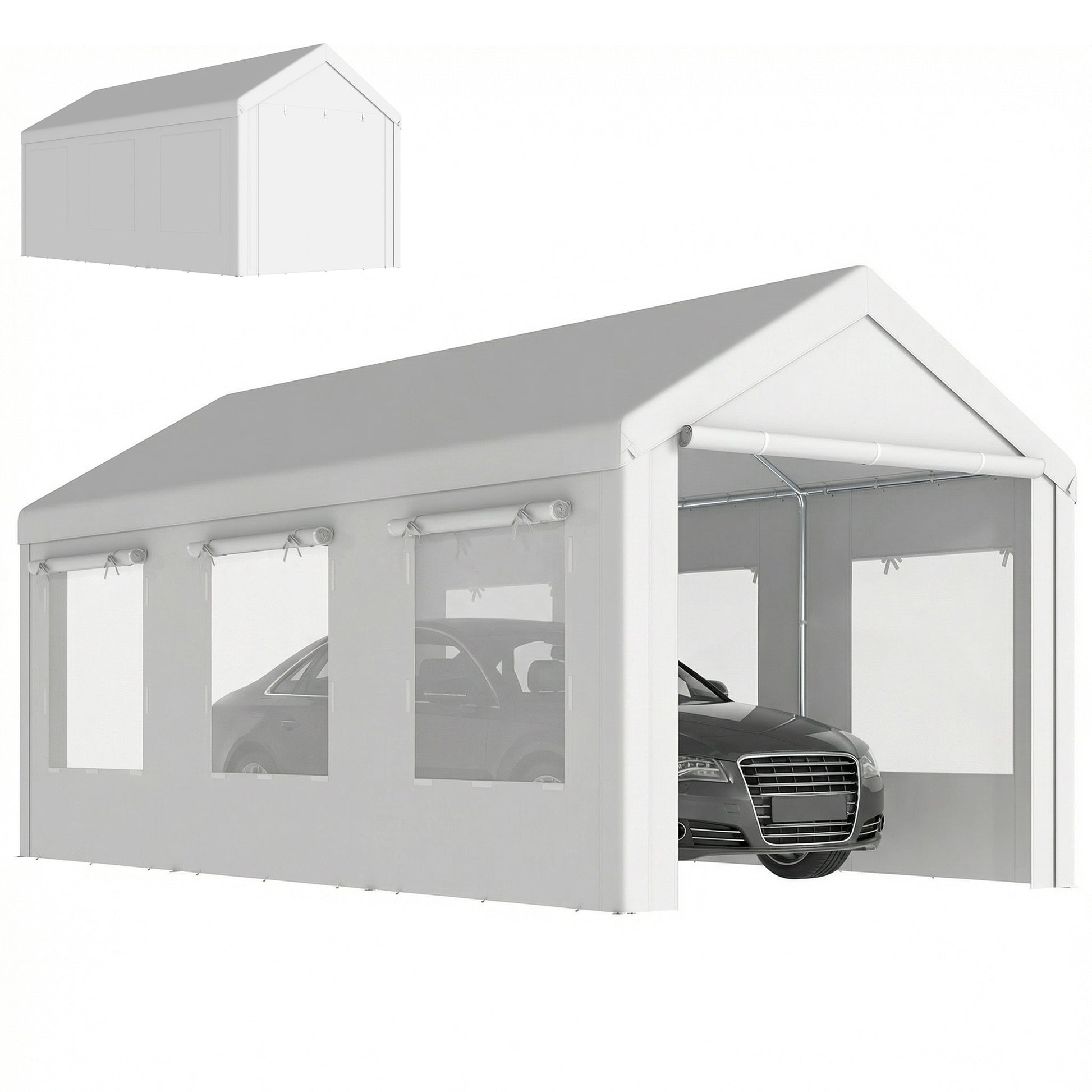10' x 20' Heavy Duty Carport, Height Adjustable Portable Garage Car Canopy Tent Shelter with Doors, Windows, White