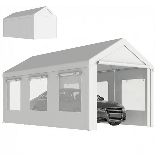 10' x 20' Heavy Duty Carport, Height Adjustable Portable Garage Car Canopy Tent Shelter with Doors, Windows, White