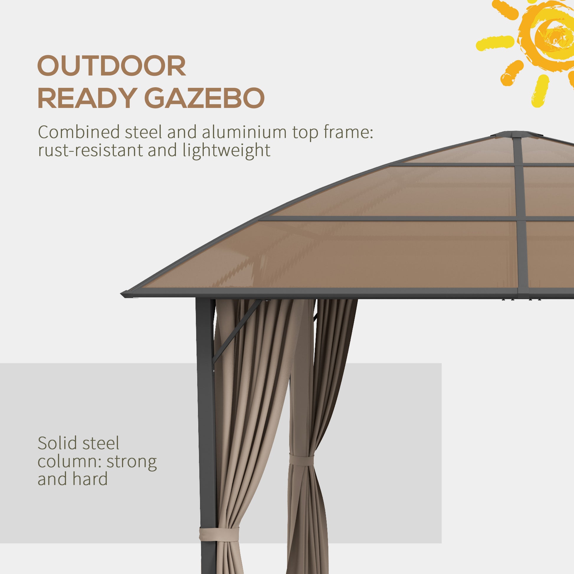 10' x 10' Outdoor Hardtop Gazebo Canopy with UV60+ Polycarbonate Roof, Steel Frame, Central Hook, Curtains, Khaki